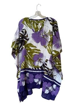NWT Hawaiian Rayon Cover Up Kimono Tropical Purple Floral OS